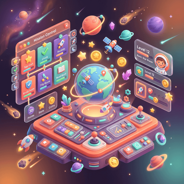 Görev panosu, yıldız ilerlemesi ve aile akışını gösteren illüstrasyon