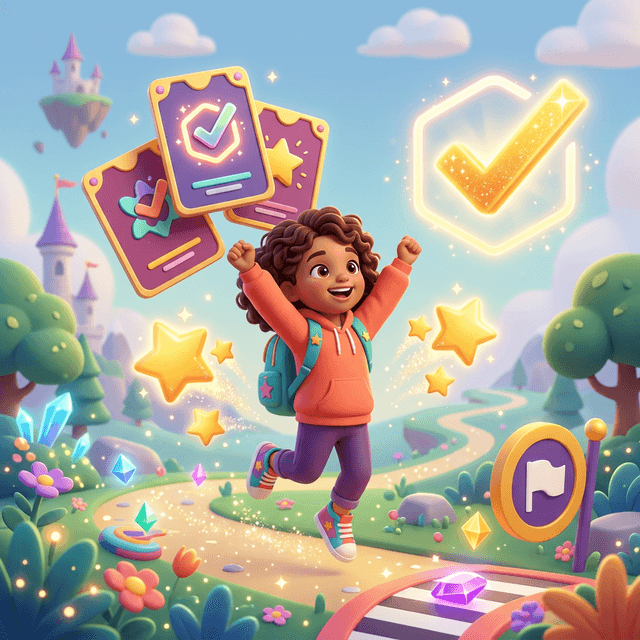 Çocuk görev ekranı ve ödül akışını gösteren illüstrasyon